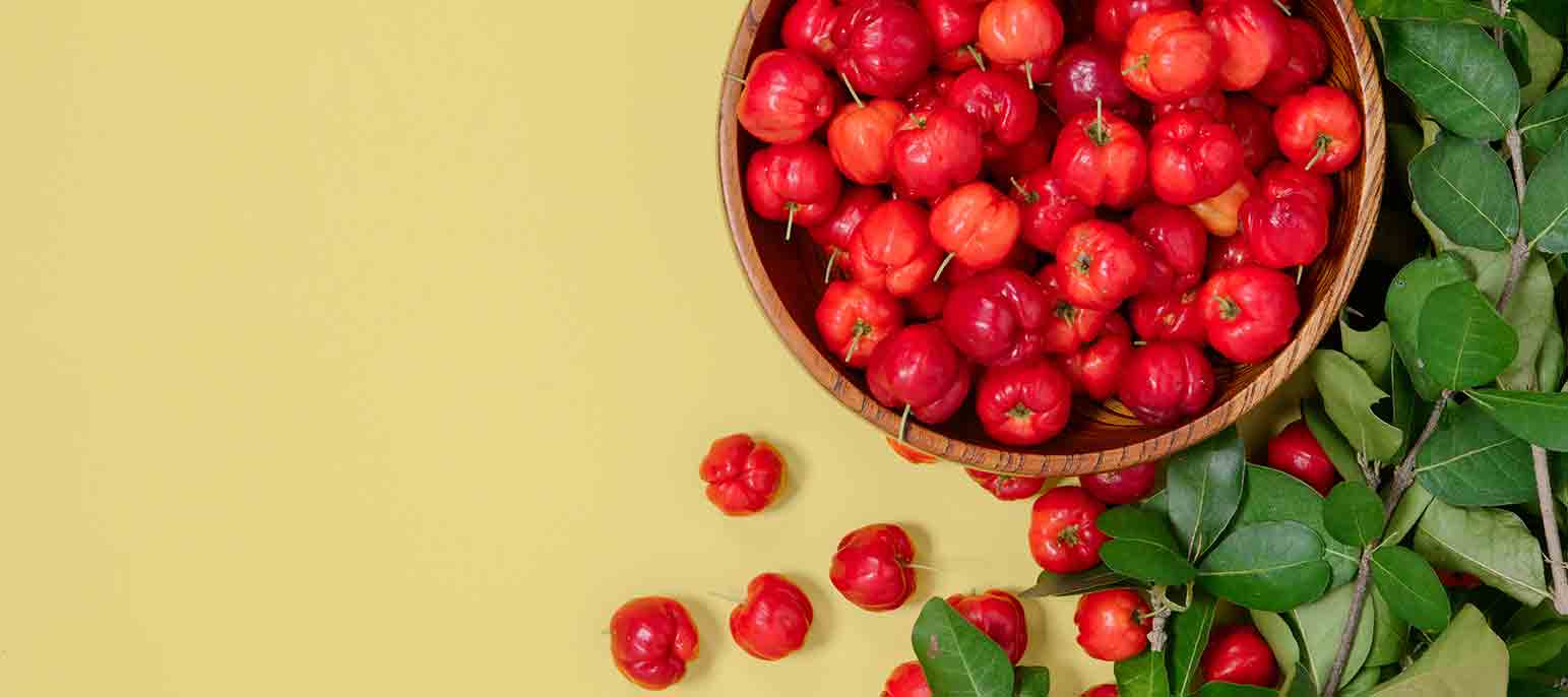 Organic acerola cherries in a bowl with plant leaves.