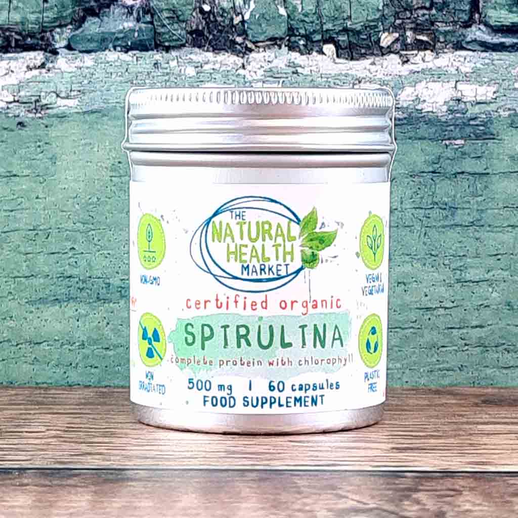 Organic Spirulina Capsules 500mg - 60 Capsule Tin by The Natural Health Market