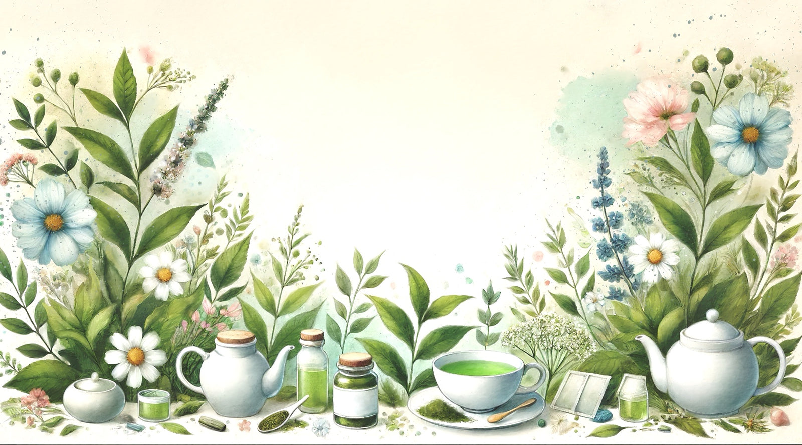 The Natural Health Market, A water colour image displaying herbal tea making and green broad leafed plants.
