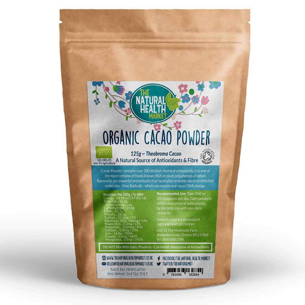 Organic RAW Cacao Powder 125g (Theobroma Cacao) By The Natural Health Market