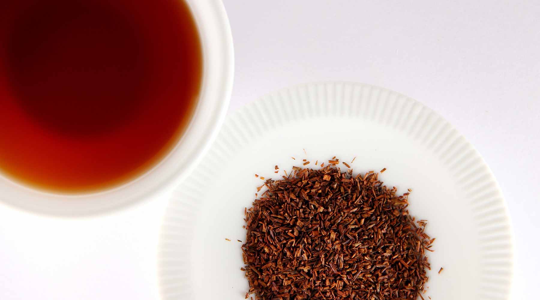 A white cup containing freshly made rooibos tea with a dish of whole rooibos loose tea.